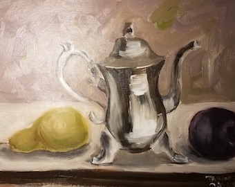 Antike Teekanne 8 &quot;x 10&quot; Original Ölgemälde, Küche Dekor, handgefertigt, zeitgenössischen Realismus, Impressionismus, Lebensmittel Malerei, bildende Kunst,