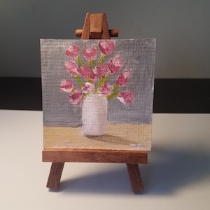 Bouquet of Flowers 2&quot; x 2&quot;, Original acrylic painting, refrigerator magnet, handmade, still life, mini canvas, small  painting, fine art