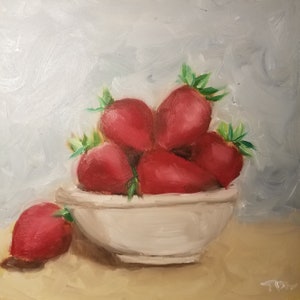Fresh Strawberries 8&quot; x 8&quot;, Original Oil Paintings, Handmade, still life , Impressionism, Contemporary art, fine art, Food Painting,
