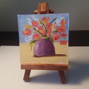 Bouquet of Flowers 2&quot; x 2&quot;, Original acrylic painting, refrigerator magnet, handmade, still life, mini canvas, small  painting, fine art