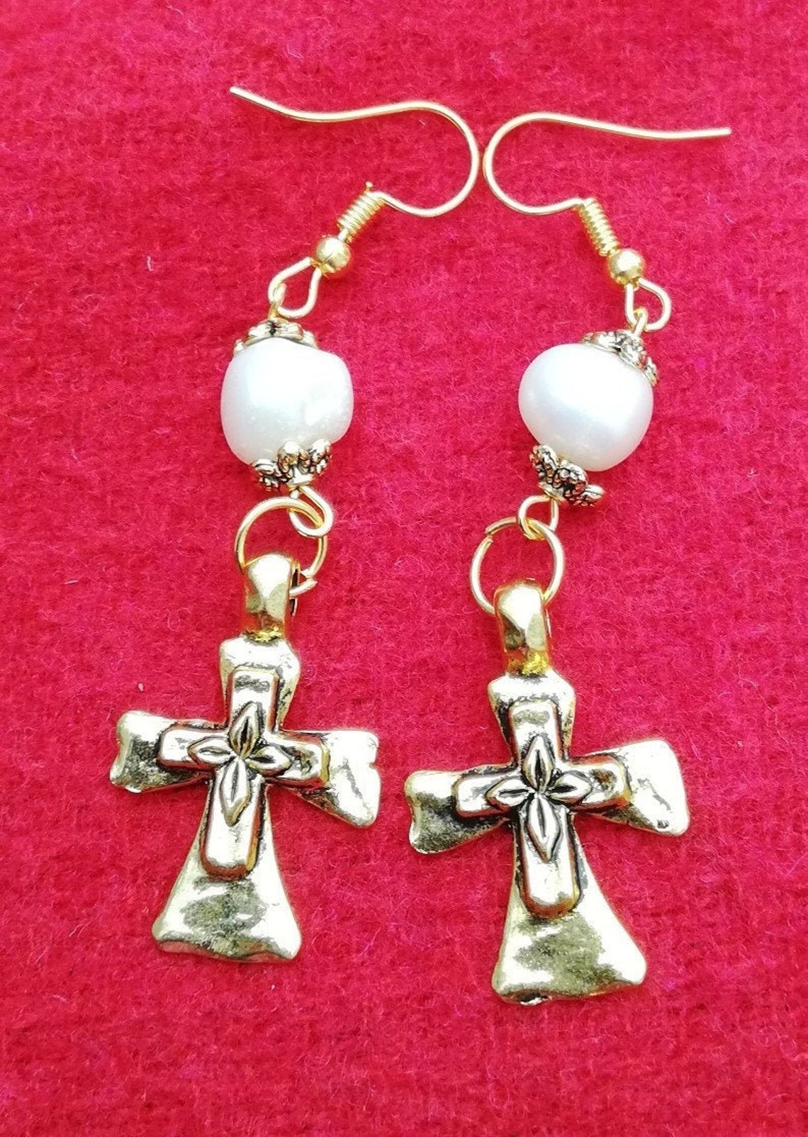 Natural Pearl and Gold cross Earrings Etsy