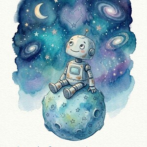 May include: Watercolor illustration of a friendly robot sitting on a blue planet, gazing up at a starry night sky filled with galaxies, a crescent moon, and constellations. The image includes the text "BOLT'S COSMIC ADVENTURE" and "ROBOT BOLT SERIES".