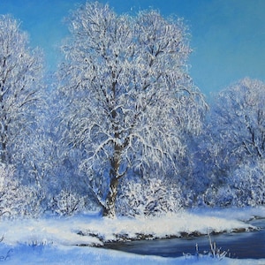Trees painting Hand painted Winter Landscape painting  Trees in the Snow Artwork Original Oil Painting 14 by 18&quot;