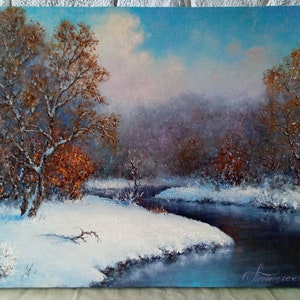 Winter landscape painting Hand painted Snow Forest artwork Original Oil Painting on Canvas 16 by 20&quot;
