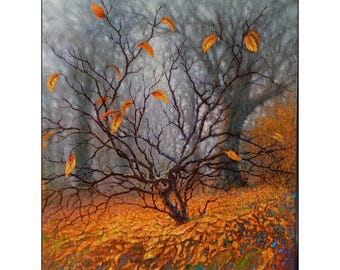 Autumn Forest Oil Painting: Foggy Landscape Artwork (20x24)