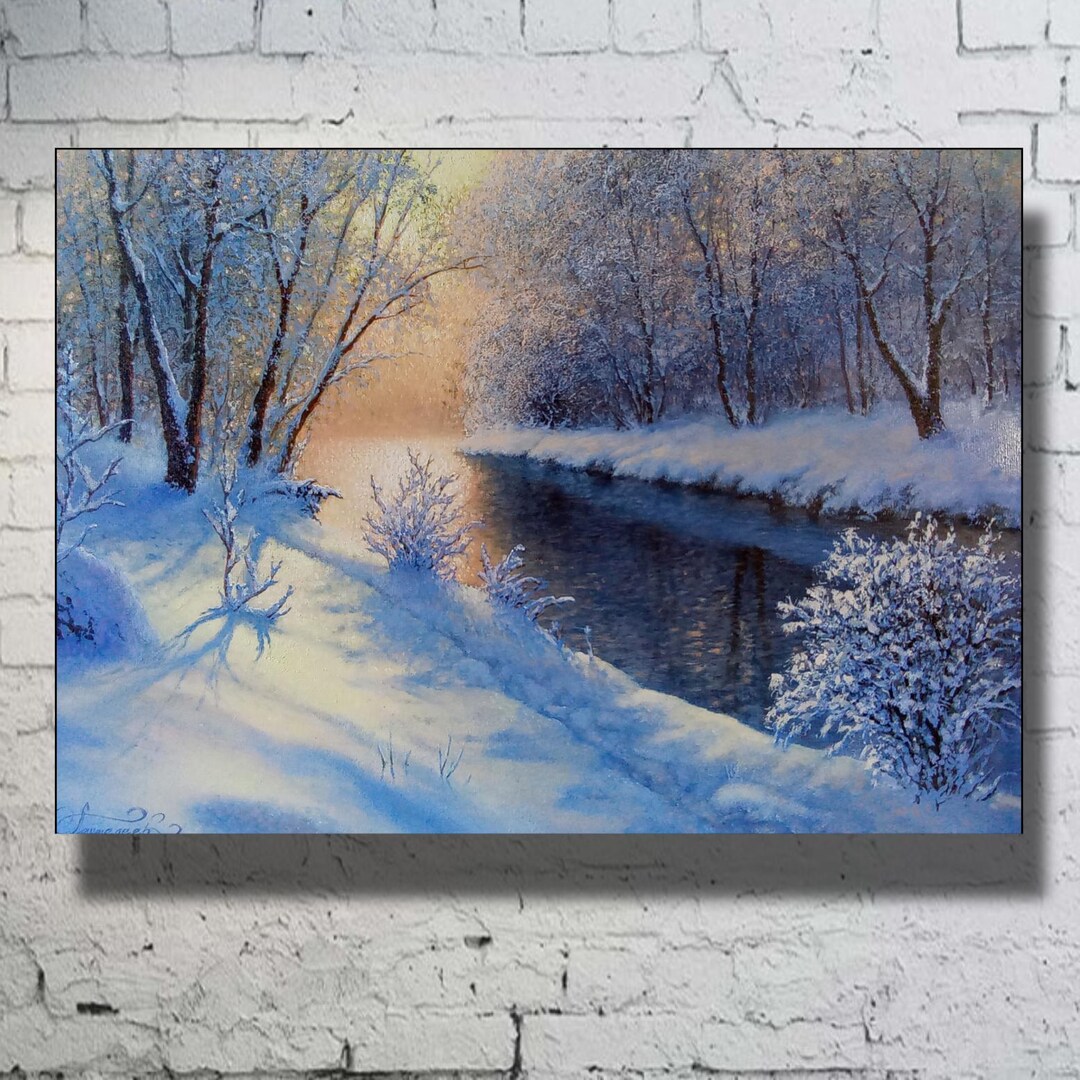 Winter River Oil Painting: Snowy Landscape on Canvas (20x28) - Etsy