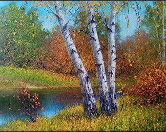 Birch Trees painting Fall Birch Art Autumn Landscape 14 by 18" Original Oil Painting on Canvas.