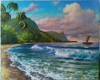 Hawaii painting Kauai beach art Seascape Original Oil Painting on Canvas 20 by 16" Custom painting