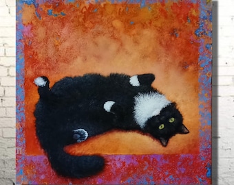 Black Cat Oil Painting: Original Animal Art, 20x20