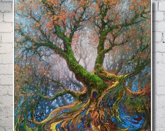 Tree painting Misty Autumn Forest Landscape, 20x20"