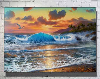 Pittura Hawaii Dipinto a mano Spiaggia tropicale Paesaggio marino Opera d'arte Costa dell'oceano Arte Pittura a olio originale su tela 20 x 28"