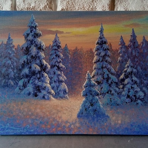 Snow Trees painting Hand painted Winter Forest Artwork Original Oil Painting 14 by 18&quot;