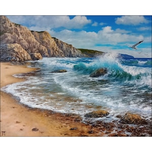 California Coast Oil Painting: Ocean Waves Seascape Art, 16x20 Canvas
