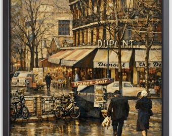 Paris Straßenszene Ölgemälde Druck, Vintage Cafe, Kopfsteinpflaster Reflexionen (gerahmt)
