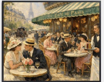Ölgemälde Druck Café de Paris Nachmittagstee, französische Szene 1920er Jahre Vintage