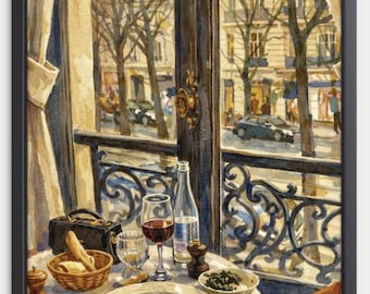 Paris Cafe Aquarell Druck, Vintage Fenster Szene, Französisch Reise Kunst
