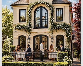Südlicher Charme Terrasse Esszimmer Druck, Goldene Stunde Szene, Romantisches Abendessen im Freien Dekor