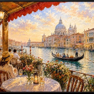 May include: An oil painting of a Venetian canal scene at sunset. A foreground terrace features a round table with a lantern and flowers, overlooking the water. A gondola with passengers travels past historic buildings and a large domed church.