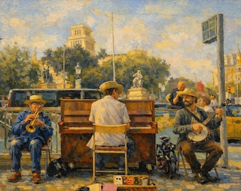 Barcelona Straßenmusikanten Druck, Plaça de Catalunya Wandkunst, La Bamba Band Dekor, gerahmt