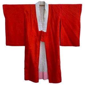 Antique red silk chufurisode juban with woven flower and fan motifs