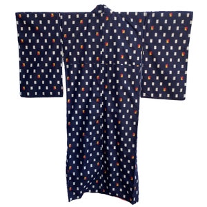 Navy silk-cotton meisen kimono with all over pattern of squares