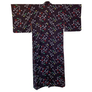 Deep navy cotton kasuri kimono with abstract branches and multicolor dots
