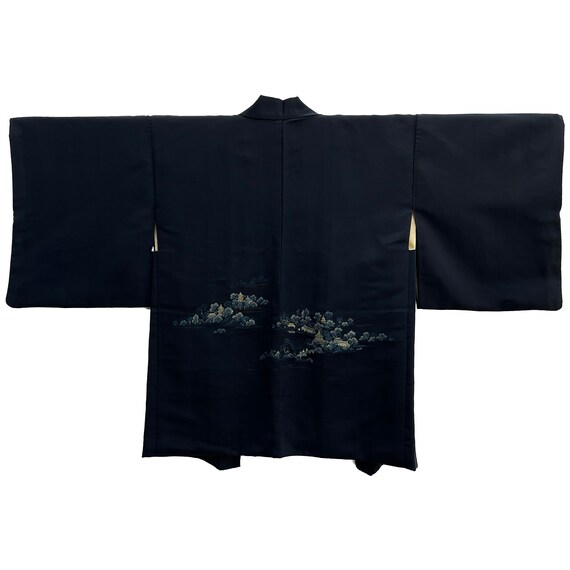 Black silk crepe urushi haori with landscape patt… - image 2