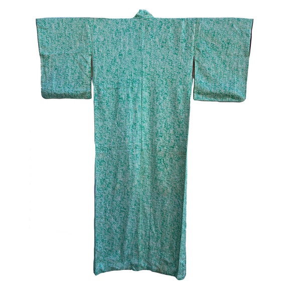 Bright green silk crepe kimono with small plum bl… - image 1