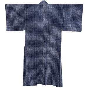 Navy, grey, and white mens yukata with textured grid pattern