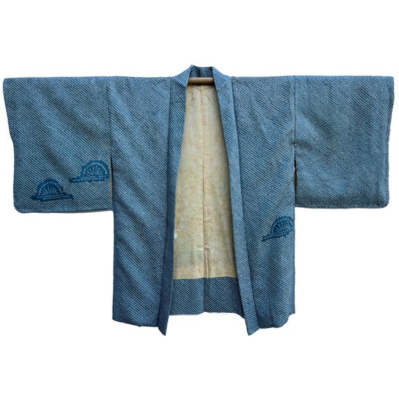 Medium blue silk shibori haori with dyed wheel mo… - image 3