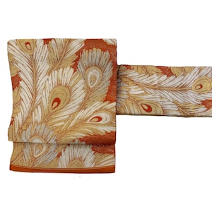 Vintage bold orange and gold silk nagoya obi with peacock feathers