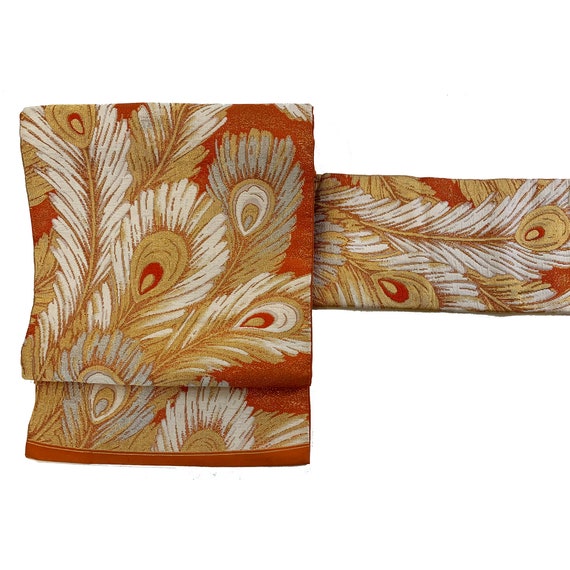 Vintage bold orange and gold silk nagoya obi with… - image 1