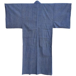 May include: A blue kimono with a subtle woven pattern. The traditional Japanese garment features wide sleeves and a straight silhouette. The fabric has a textured appearance, and the kimono is laid flat, showcasing its full length and design.