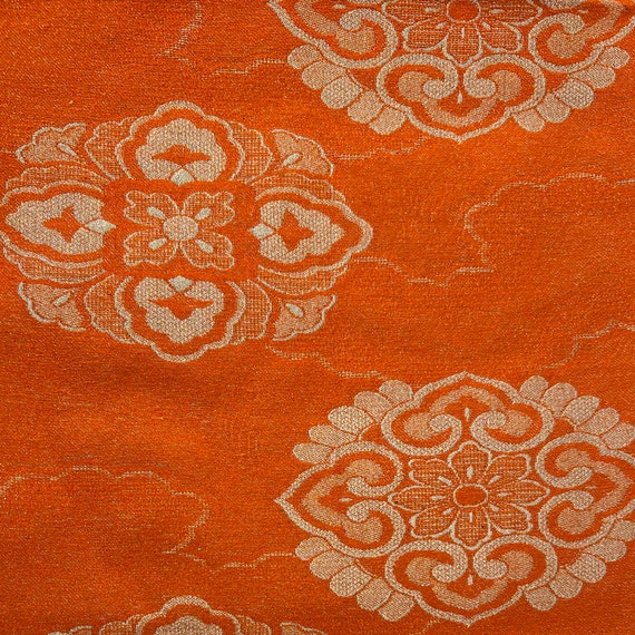 Orange and gold brocade nagoya obi with cloud and… - image 5