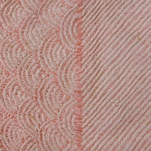 Baby pink silk shibori obiage with sayagata and floral motifs