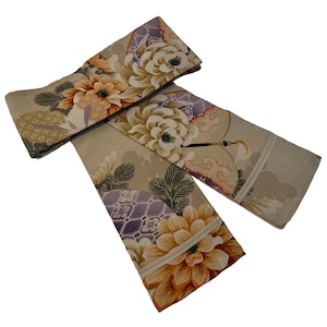 Antique tan silk hanhaba obi with bold chrysanthemums, embroidery, and small rhinestones