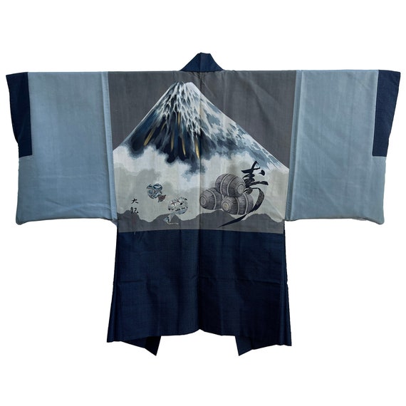 Black and blue silk tsumugi mens haori with kikko… - image 1