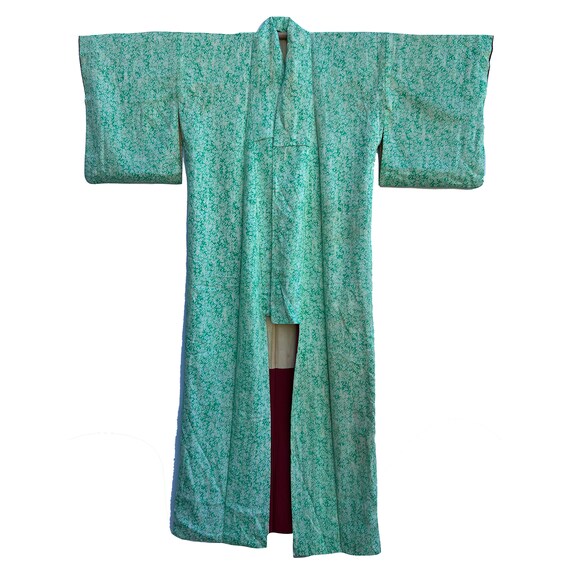 Bright green silk crepe kimono with small plum bl… - image 3