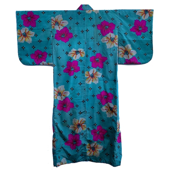 Vivid blue antique meisen silk kimono with bold f… - image 1