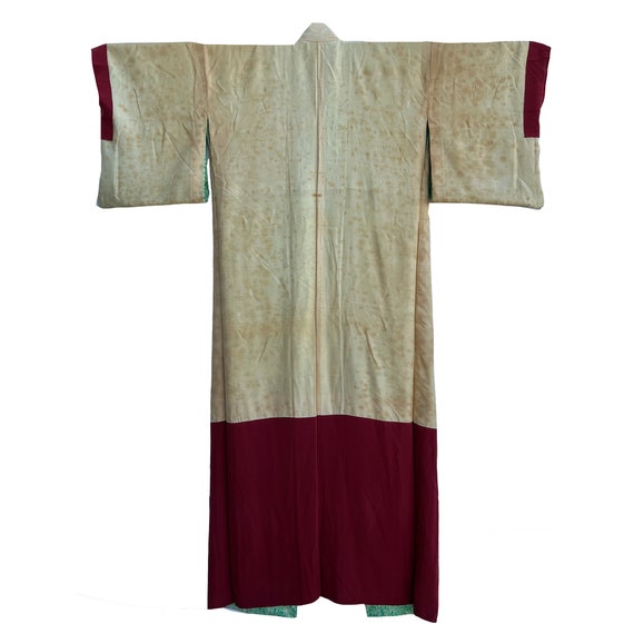 Bright green silk crepe kimono with small plum bl… - image 5