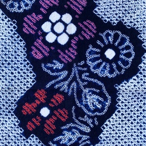 Navy, white, and red floral cotton shibori panel