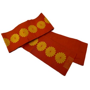 Vintage orange silk hanhaba obi with bold yellow chrysanthemums