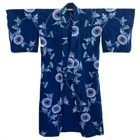 Medium blue yukata with multicolor leaf and flora… - image 2