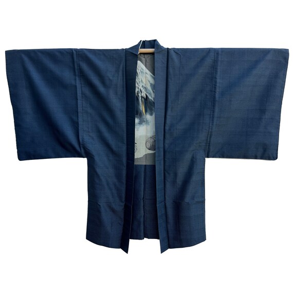 Black and blue silk tsumugi mens haori with kikko… - image 2
