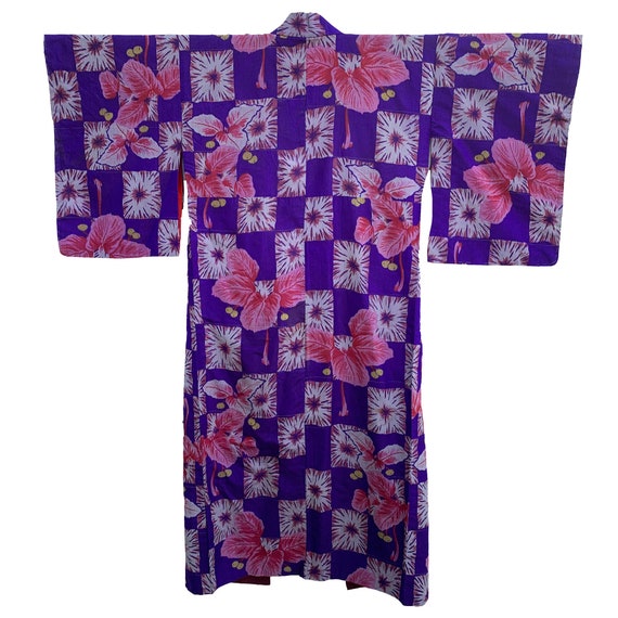 Vivid purple and pink meisen silk kimono with che… - image 1