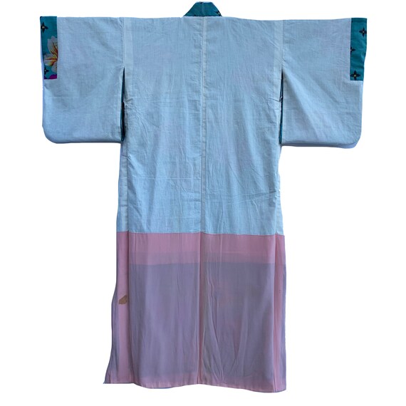 Vivid blue antique meisen silk kimono with bold f… - image 5