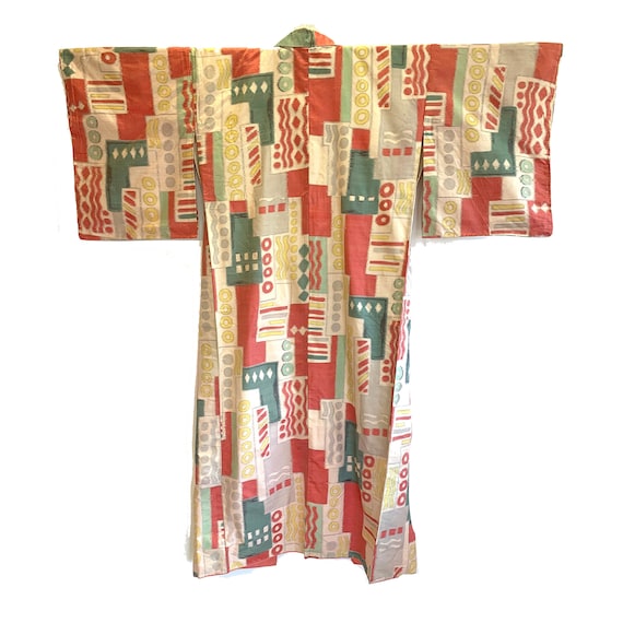 Pastel abstract geometric print meisen kimono