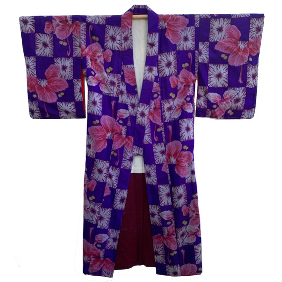 Vivid purple and pink meisen silk kimono with che… - image 3