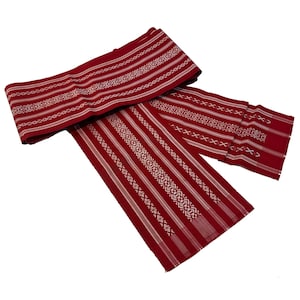 Red silk faille unlined hanhaba obi with Hakata stripes