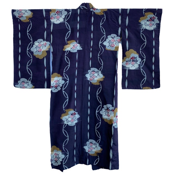 Deep eggplant meisen silk hitoe kimono with abstract clouds and flowers